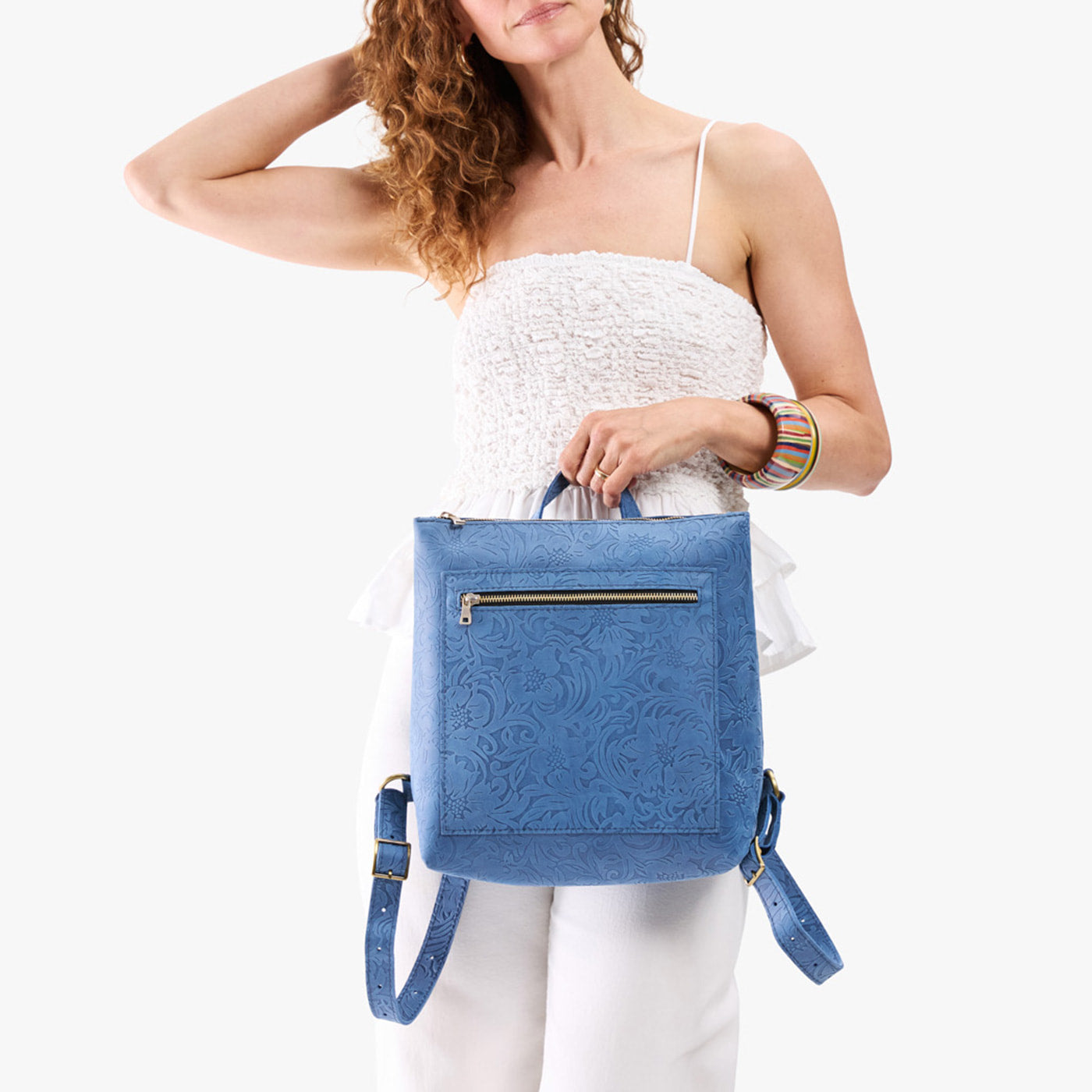 Cornflower | Model wearing square slim leather tote backpack