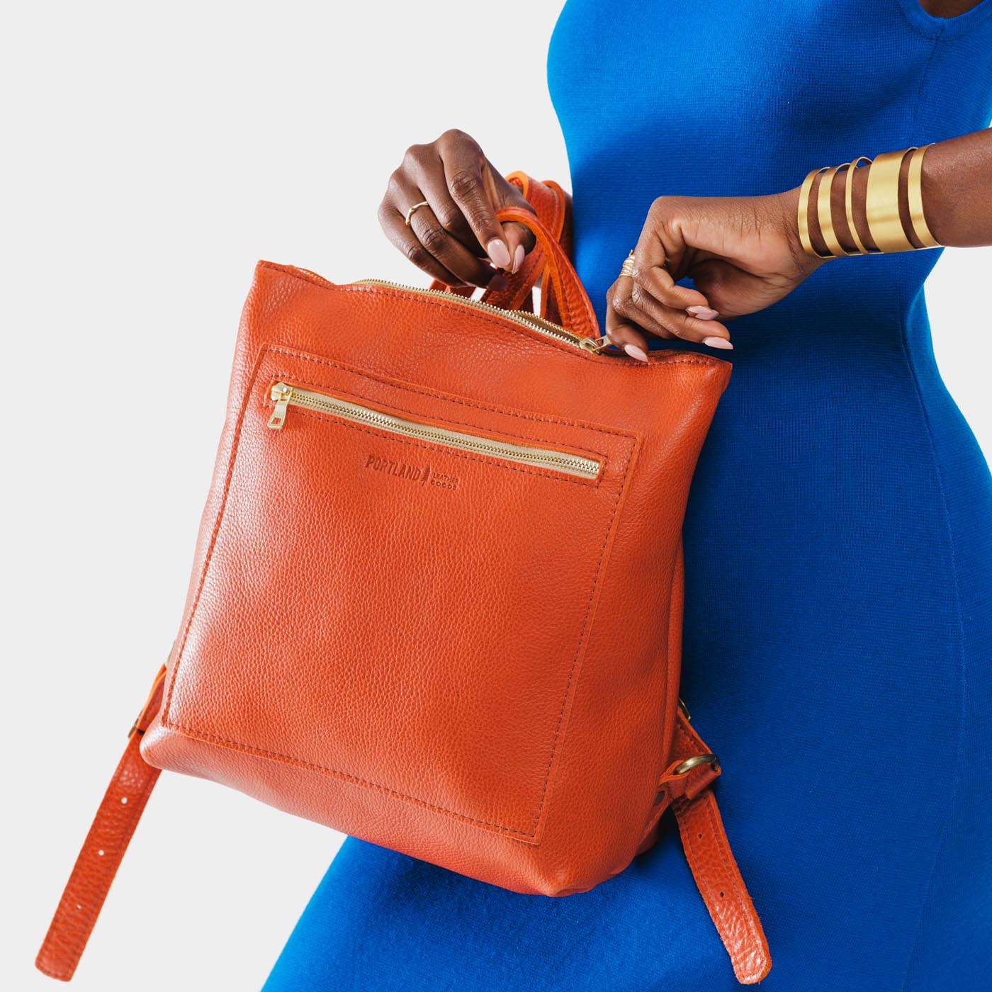Koi*Large | Model wearing square slim leather tote backpack