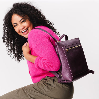 All Color: Plum*Large | Model wearing square slim leather tote backpack