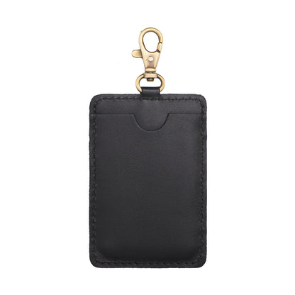 Black | A leather card holder with a swivel lobster clasp on a white background