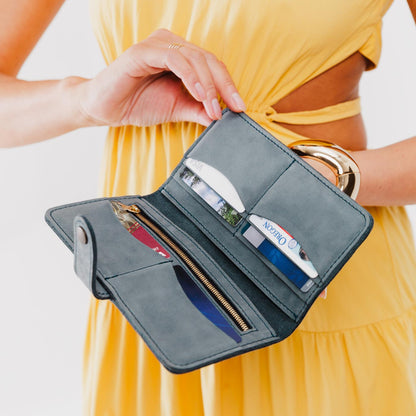 Storm | Model holding leather wallet with snap open