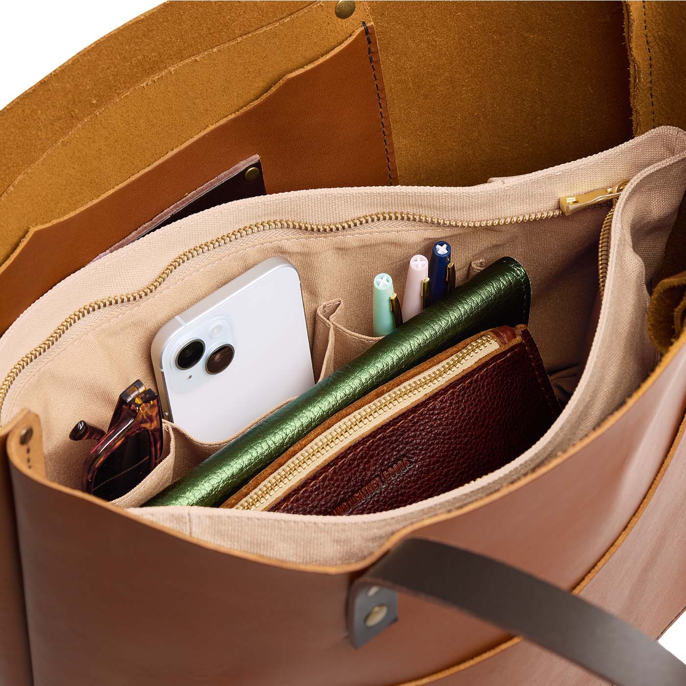 ANY*Zipper*Large | Large Canvas Organizer inside a Leather Tote Bag